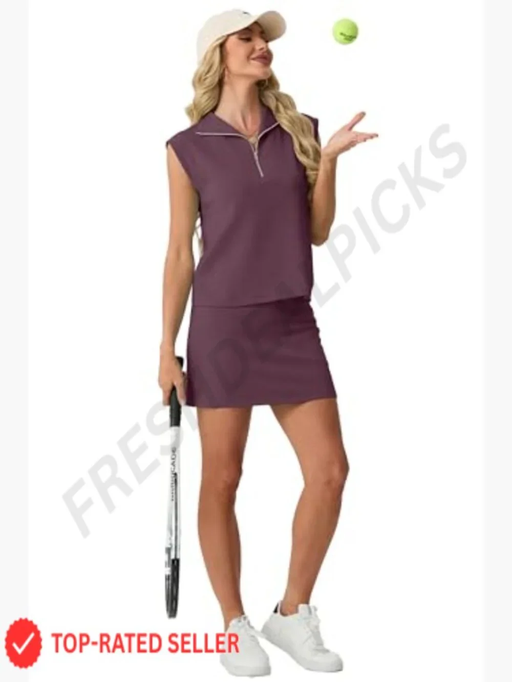 2 Piece Skort Set Cap Sleeve Zip Collared Top Matching Tennis Skirt with